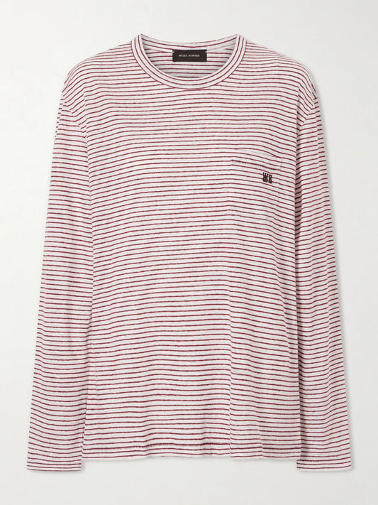 Image of a model wearing Tops. Product name - Hour Embroidered Striped Linen And Cotton-blend T-shirt in Pink colour by brand - Wales Bonner