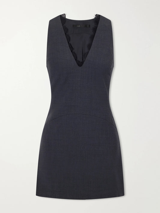 Image of Dresses. Product name - Mathias Tailored Lace-trimmed Wool-blend Mini Dress in Stone colour by brand - SIR.