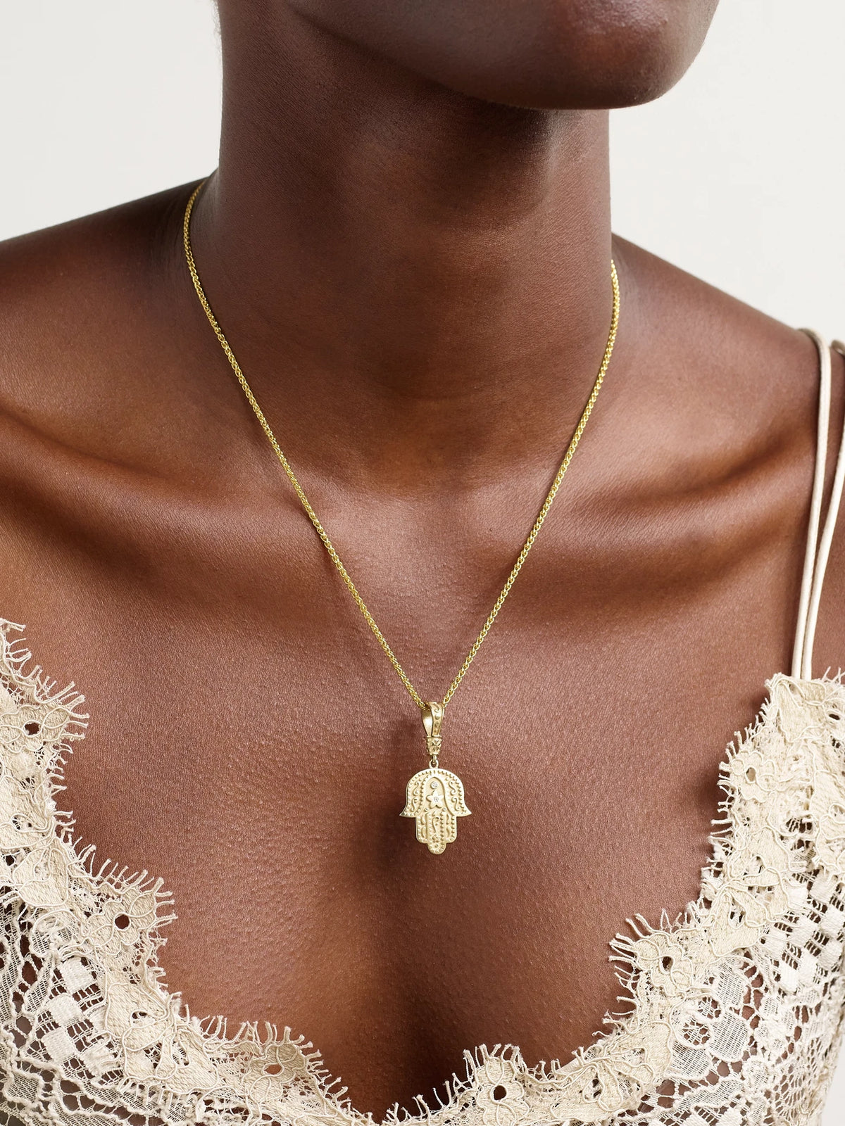 Image of Jewelry. Product name - Southwestern Hamsa 14-karat Gold Diamond Necklace in Multi colour by brand - Marlo Laz