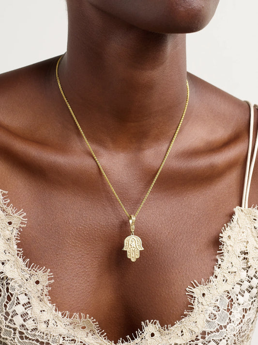Image of Jewelry. Product name - Southwestern Hamsa 14-karat Gold Diamond Necklace in Multi colour by brand - Marlo Laz
