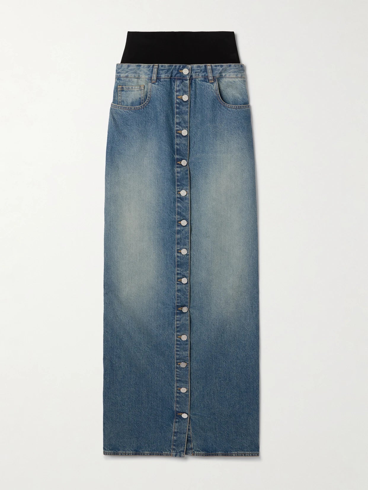 Layered Jersey-trimmed Denim Maxi Skirt