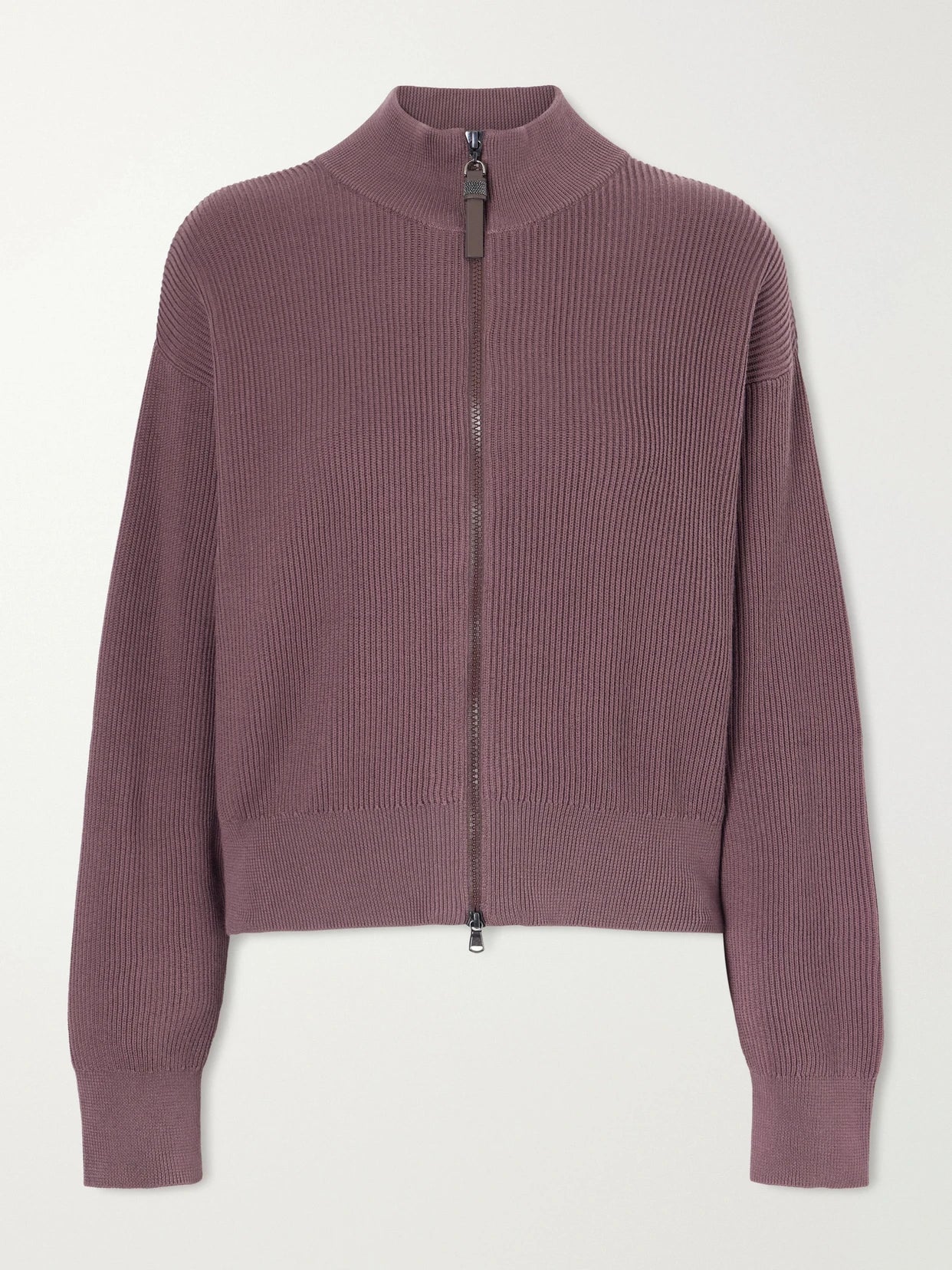 Image of a model wearing Outerwear. Product name - Ribbed Cotton Zip-up Turtleneck Cardigan in Burgundy colour by brand - Brunello Cucinelli