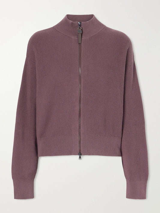 Image of a model wearing Outerwear. Product name - Ribbed Cotton Zip-up Turtleneck Cardigan in Burgundy colour by brand - Brunello Cucinelli