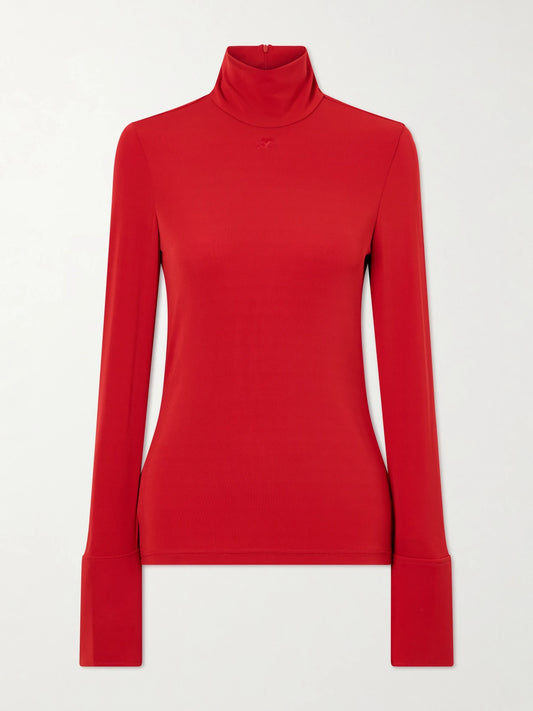Image of a model wearing Tops. Product name - Jersey Rollneck Top in Red colour by brand - COURREGES