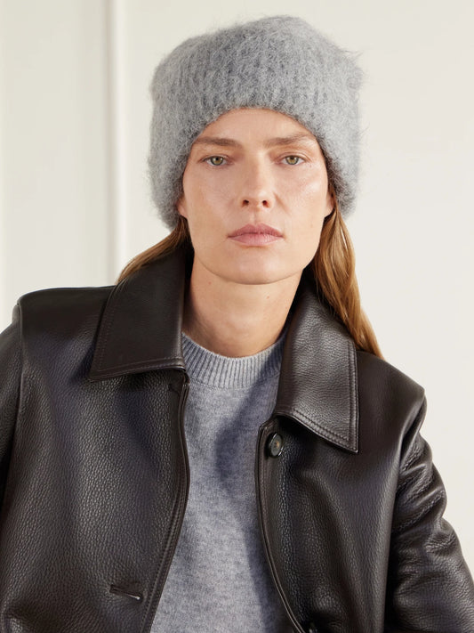 Image of Hats. Product name - Brushed Alpaca-blend Beanie in Gray, Black colour by brand - TOTEME