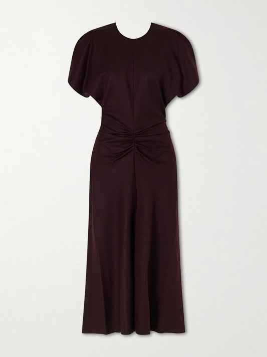 Image of Dresses. Product name - Bela Draped Wool Midi Dress in Burgundy colour by brand - Victoria Beckham
