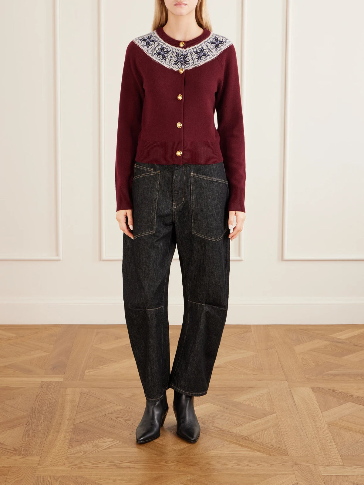 Image of a model wearing Outerwear. Product name - Josefa Fair Isle Cashmere Cardigan in Burgundy colour by brand - Nili Lotan