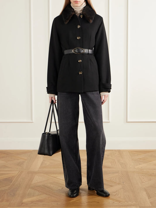 Image of Coats & Jackets. Product name - Severine Dickey Plush-trimmed Crepe Jacket in Black colour by brand - Veronica Beard