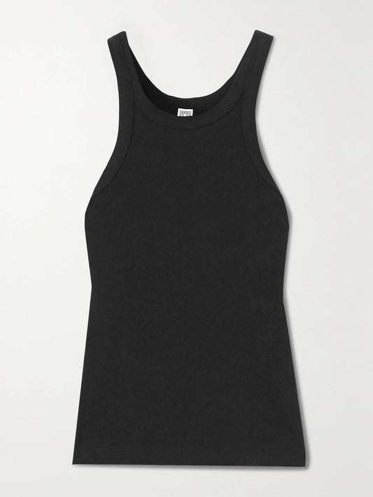 Image of a model wearing Tops. Product name - + Net Sustain Curved Ribbed Stretch Organic Cotton-jersey Tank in Black colour by brand - TOTEME