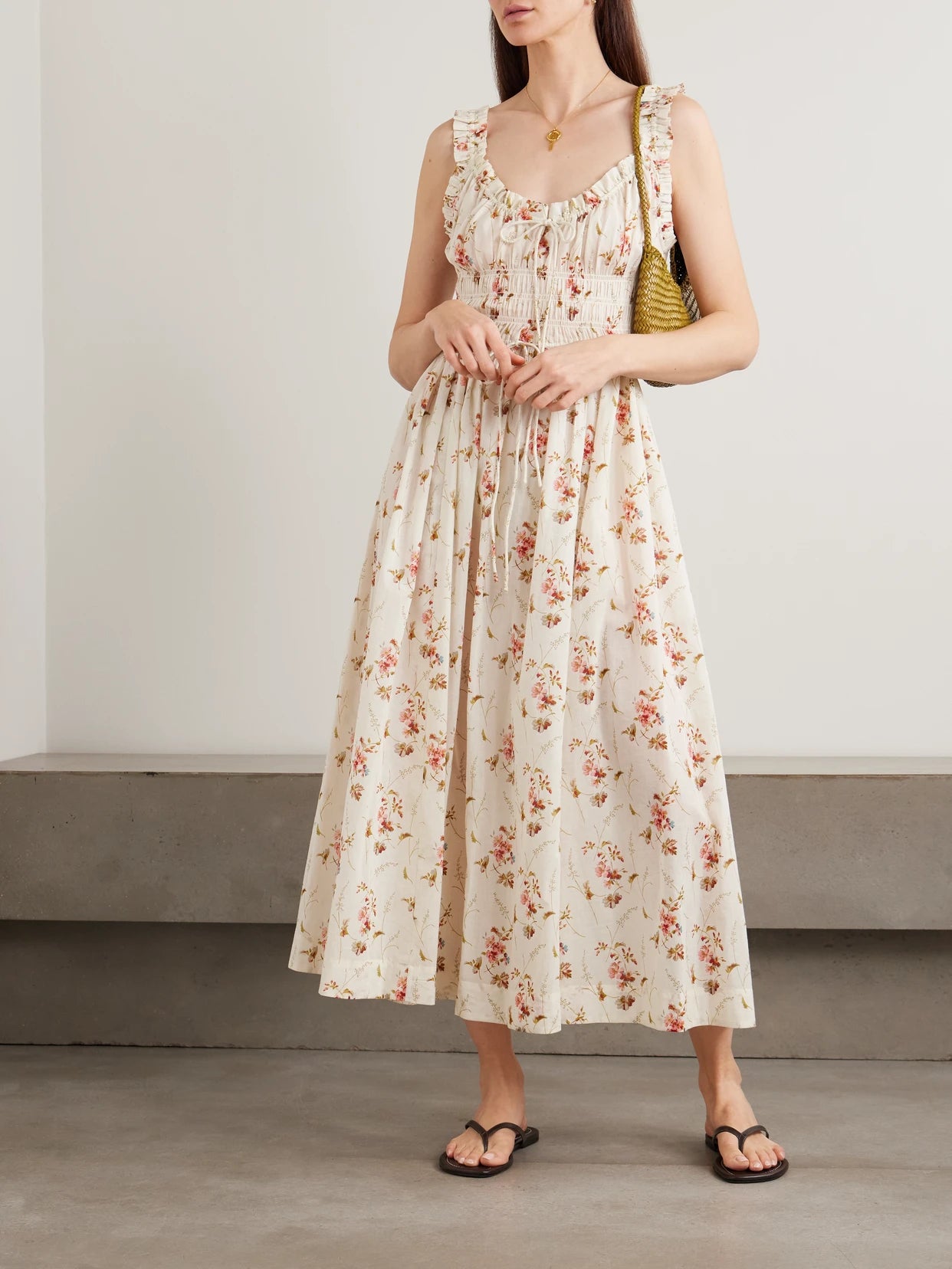 Image of Dresses. Product name - Emmaretta Tie-detailed Shirred Floral-print Organic Cotton Midi Dress in Multi colour by brand - DÔEN