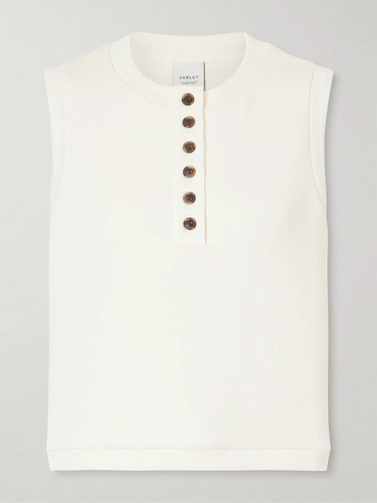 Image of a model wearing Tops. Product name - Marla Embellished Jersey Tank Top in Cream colour by brand - Varley