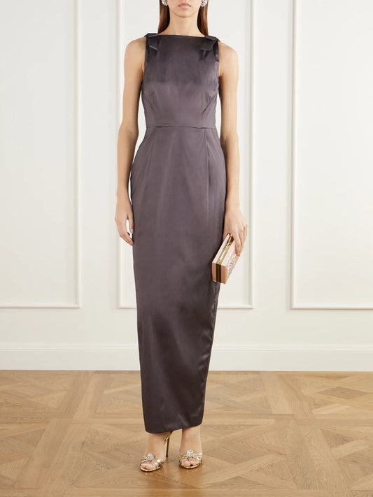 Image of Dresses. Product name - Lene Bow-detailed Taffeta Maxi Dress in Dark purple colour by brand - BERNADETTE