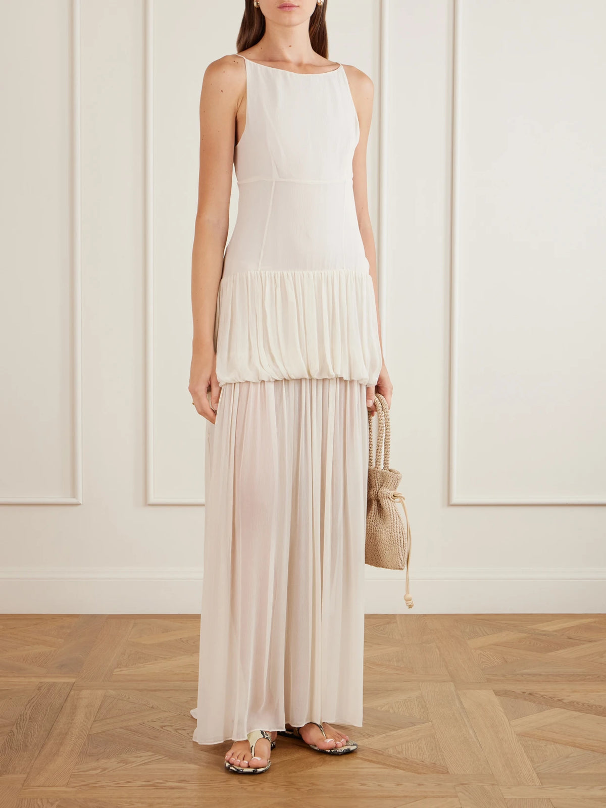 Image of Dresses. Product name - Nina Tiered Silk-chiffon Maxi Dress in Off-white colour by brand - LIBEROWE