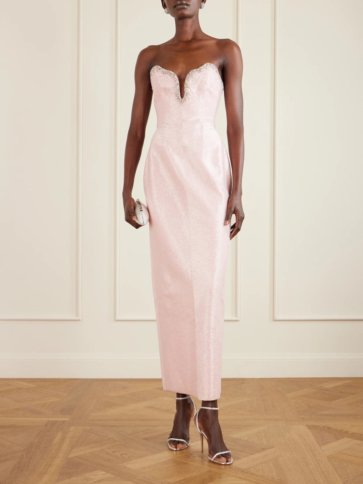 Image of Dresses. Product name - Selene Embellished Scalloped Strapless Satin-crepe Gown in Pink colour by brand - Clio Peppiatt