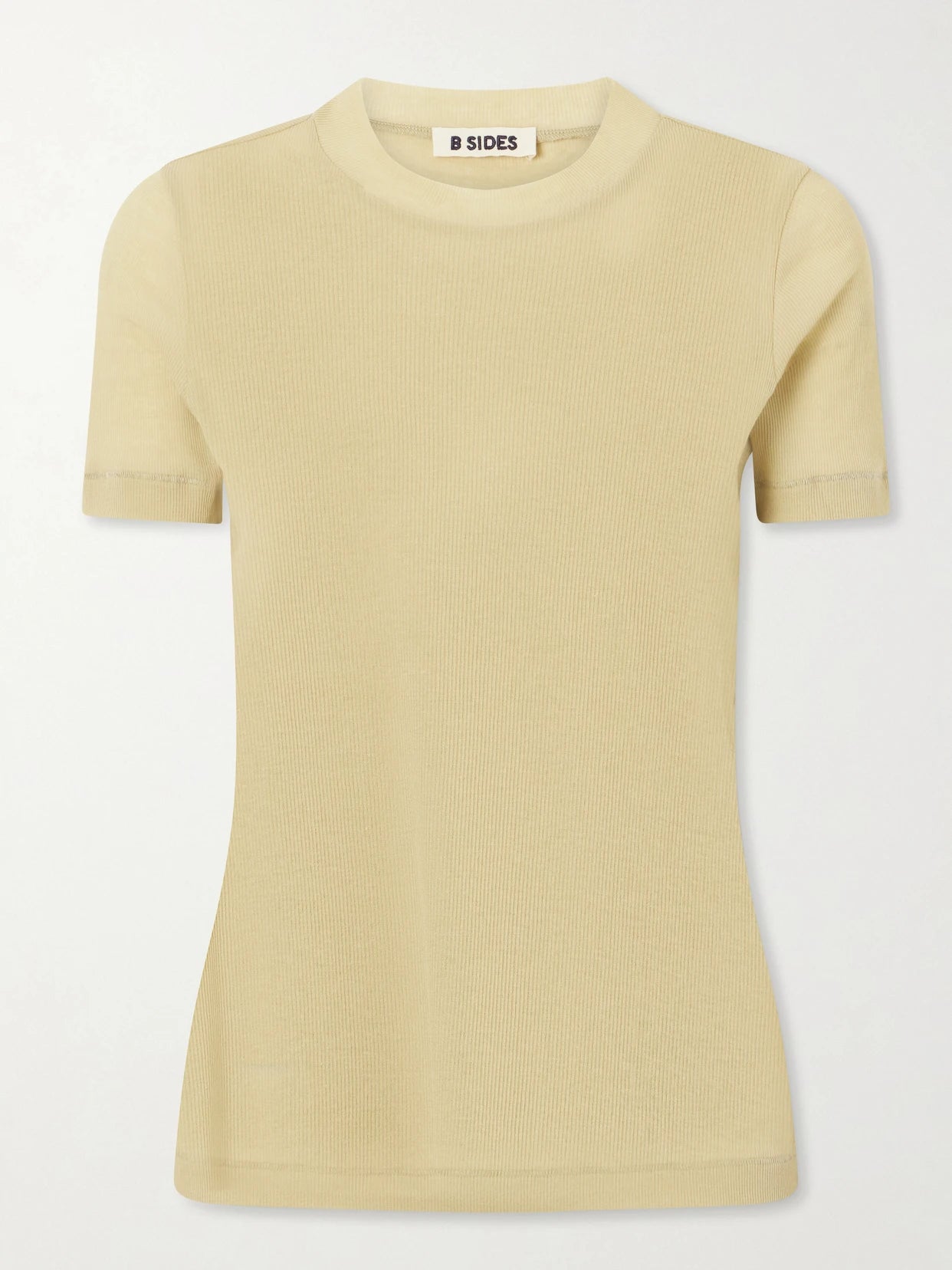 Image of a model wearing Tops. Product name - Vivien Ribbed Cotton-blend T-shirt in Camel colour by brand - B SIDES