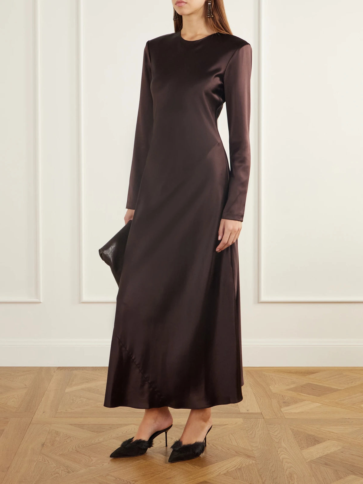 Image of Heels. Product name - Lidia 70 Calf Hair-trimmed Suede Mules in Dark brown colour by brand - Paris Texas