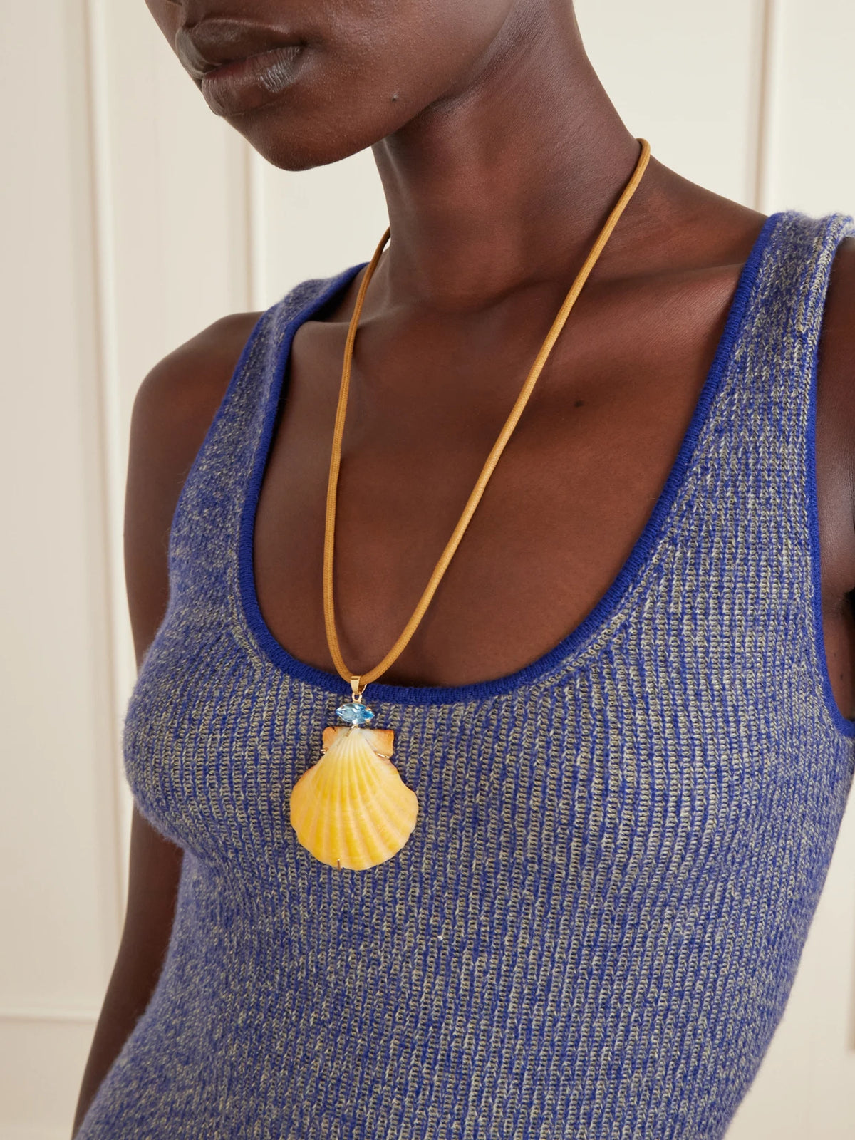 Image of Necklaces. Product name - Cleodora Embellished Seashell Necklace in Bright yellow colour by brand - Jennifer Behr