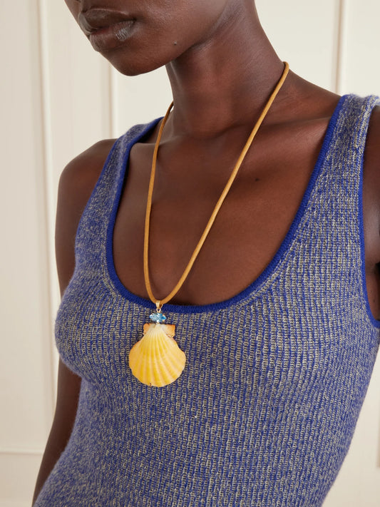 Image of Necklaces. Product name - Cleodora Embellished Seashell Necklace in Bright yellow colour by brand - Jennifer Behr