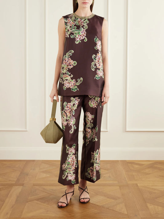 Image of Outfit Sets. Product name - Josie Floral-print Twill Tunic in Brown colour by brand - ALÉMAIS