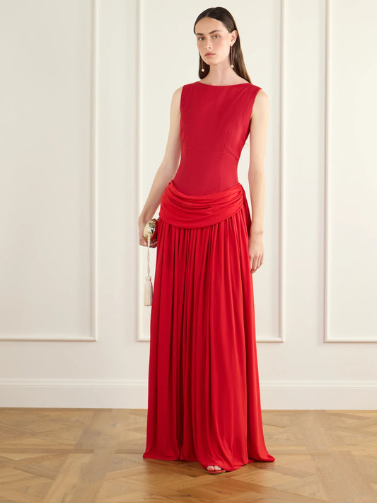 Image of Dresses. Product name - Sarah Draped Wool-blend Maxi Dress in Red colour by brand - Abadia
