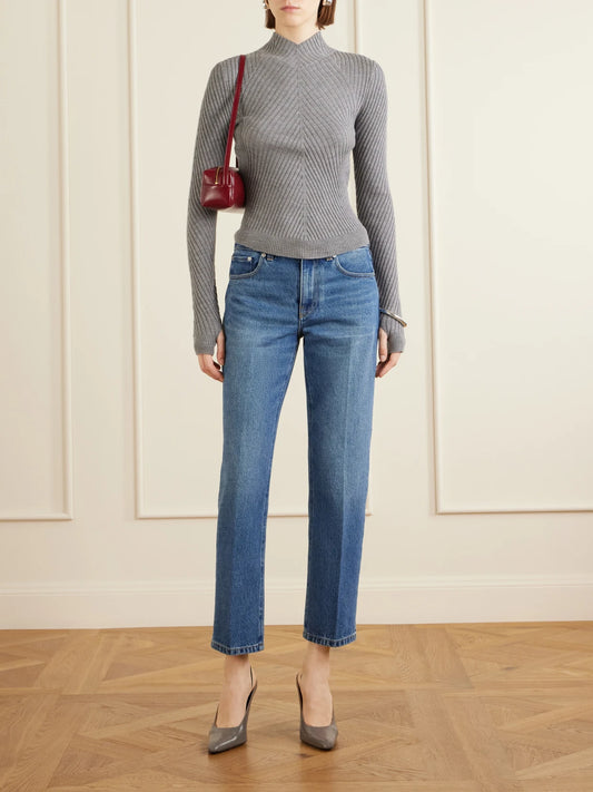 Image of Jeans. Product name - Leather-trimmed Low-waist Flared Jeans in Mid denim colour by brand - Victoria Beckham