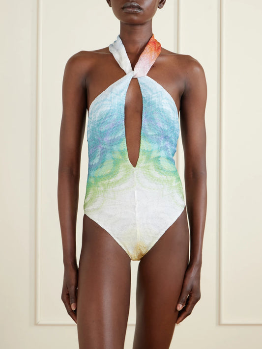 Halterneck Metallic Crochet-knit Swimsuit