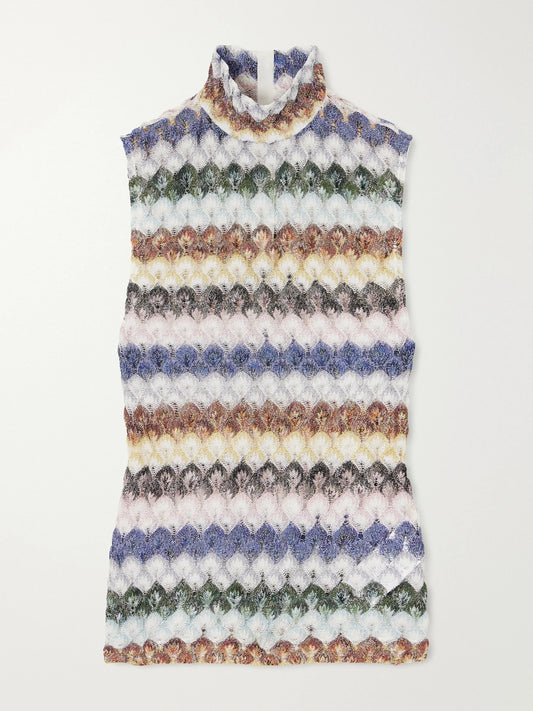 Image of a model wearing Tops. Product name - Striped Metallic Crochet-knit Tank in Orange colour by brand - Missoni