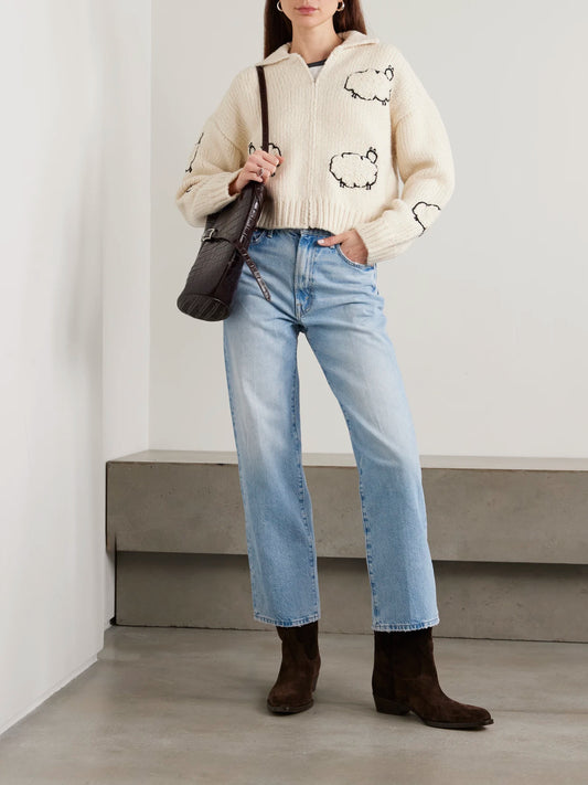 Image of Jeans. Product name - The Rambler Zip Flood High-rise Straight-leg Jeans in Blue colour by brand - Mother