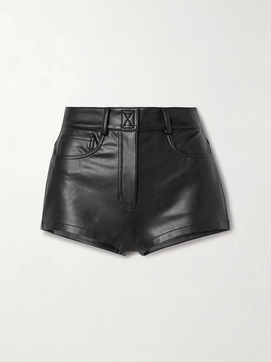 Image of a model wearing Shorts. Product name - Leather-like Shorts in Black colour by brand - Norma Kamali