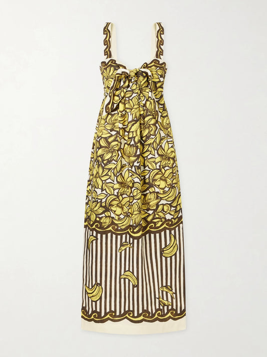 Image of Dresses. Product name - Mona Printed Hemp Midi Dress in Yellow colour by brand - ALÉMAIS