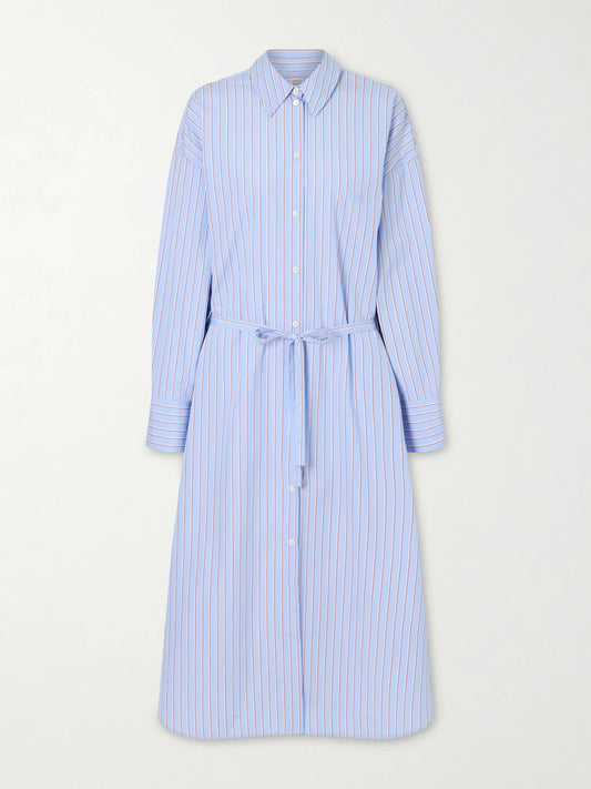 Image of Dresses. Product name - Belted Striped Cotton-poplin Maxi Shirt Dress in Light blue colour by brand - TOTEME