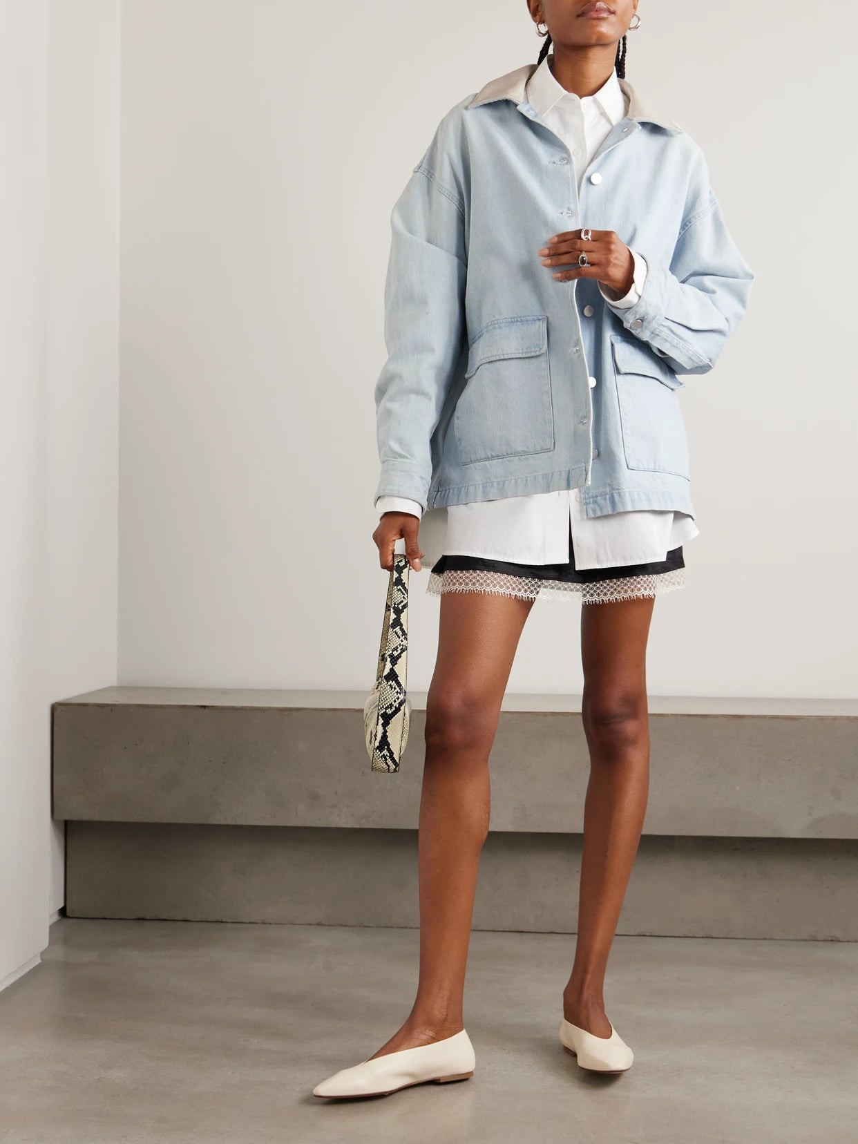 Image of Coats & Jackets. Product name - + Maria Mcmanus Oversized Leather-trimmed Denim Jacket in Light denim colour by brand - AGOLDE