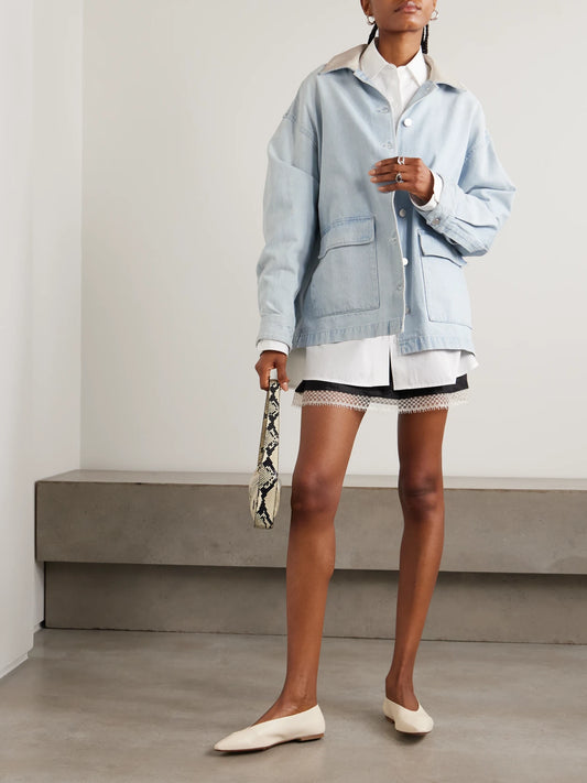 Image of Coats & Jackets. Product name - + Maria Mcmanus Oversized Leather-trimmed Denim Jacket in Light denim colour by brand - AGOLDE