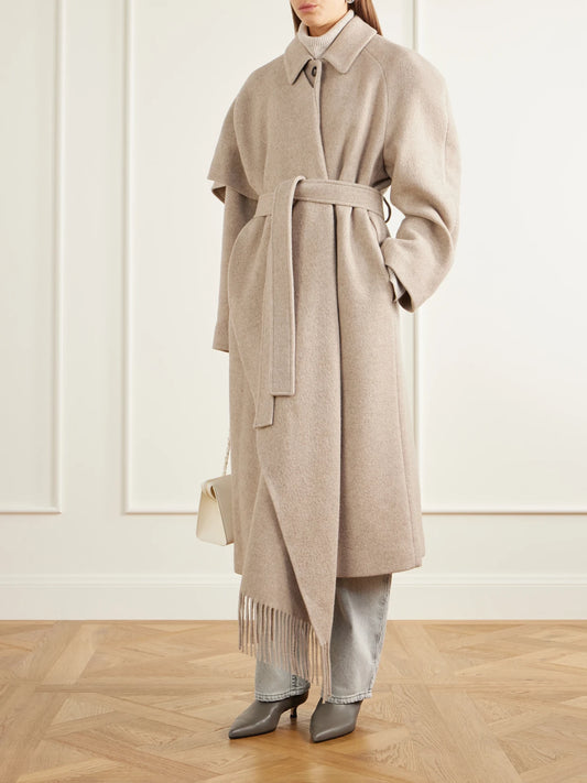 Image of Coats & Jackets. Product name - Canyon Belted Scarf-detailed Fringed Wool-blend Coat in Sand colour by brand - OSSOU