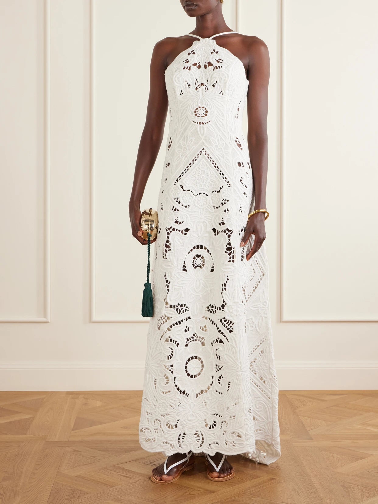 Image of Dresses. Product name - Emmy Embroidered Cut-out Linen Maxi Dress in Off-white colour by brand - Cult Gaia