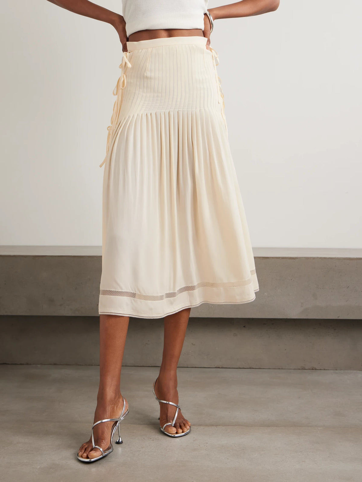 Tie-detailed Pleated Crepe Midi Skirt
