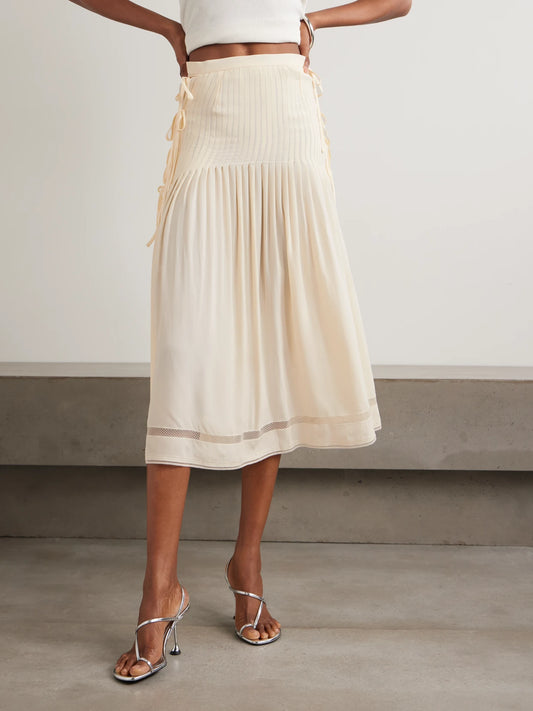 Tie-detailed Pleated Crepe Midi Skirt
