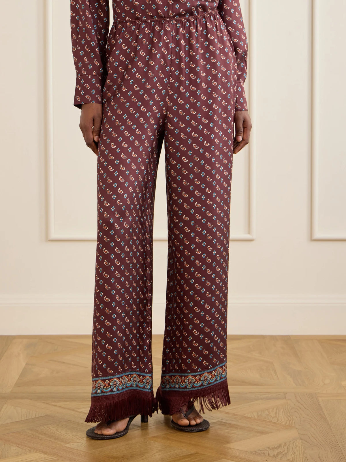 DÔEN Lavon Fringed Printed Silk-blend Satin Wide-leg Pants
