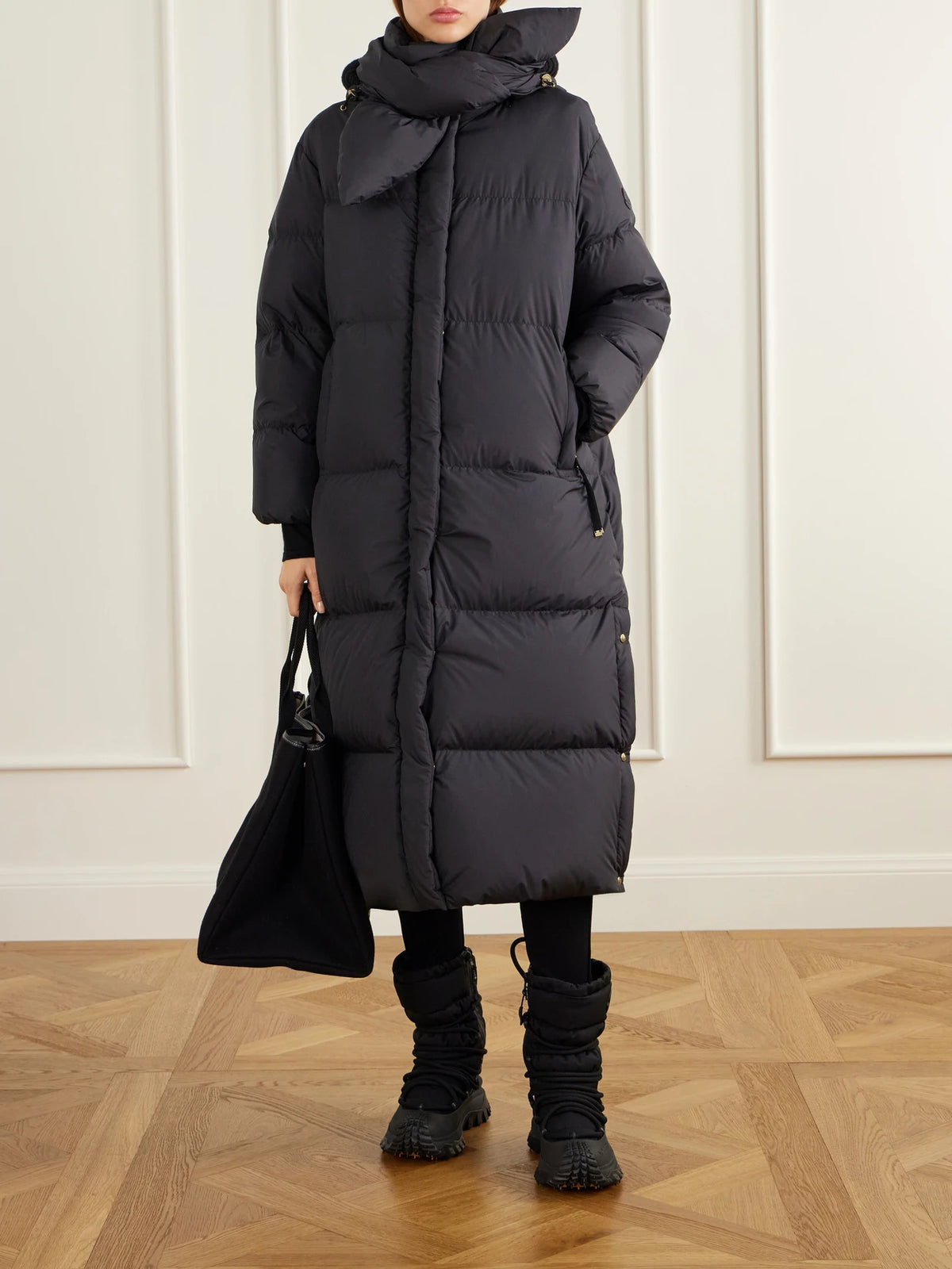 Image of Coats & Jackets. Product name - Ornement Quilted Scarf-detailed Rib-trimmed Shell Down Coat in Black colour by brand - Moncler