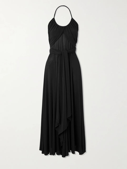 Image of Dresses. Product name - Belted Gathered Jersey Halterneck Maxi Dress in Black colour by brand - Alaïa