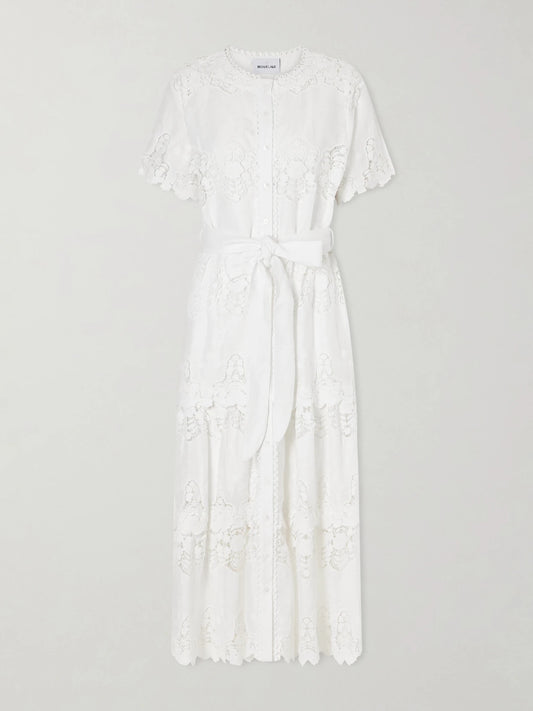Image of Dresses. Product name - Romilly Belted Embroidered Cotton And Linen-blend Midi Dress in Ivory colour by brand - Miguelina