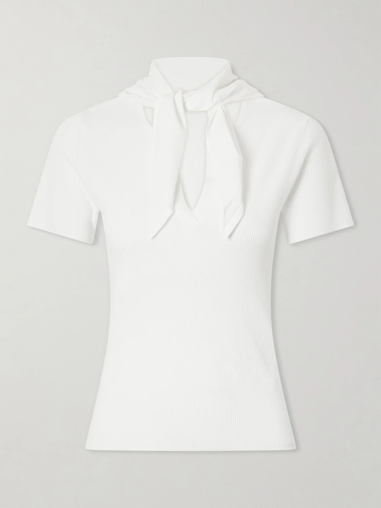 Image of a model wearing Outerwear. Product name - Tie-detailed Ribbed-knit T-shirt in White colour by brand - Max Mara
