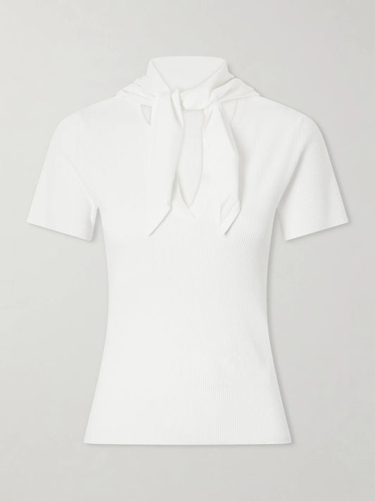 Image of a model wearing Outerwear. Product name - Tie-detailed Ribbed-knit T-shirt in White colour by brand - Max Mara