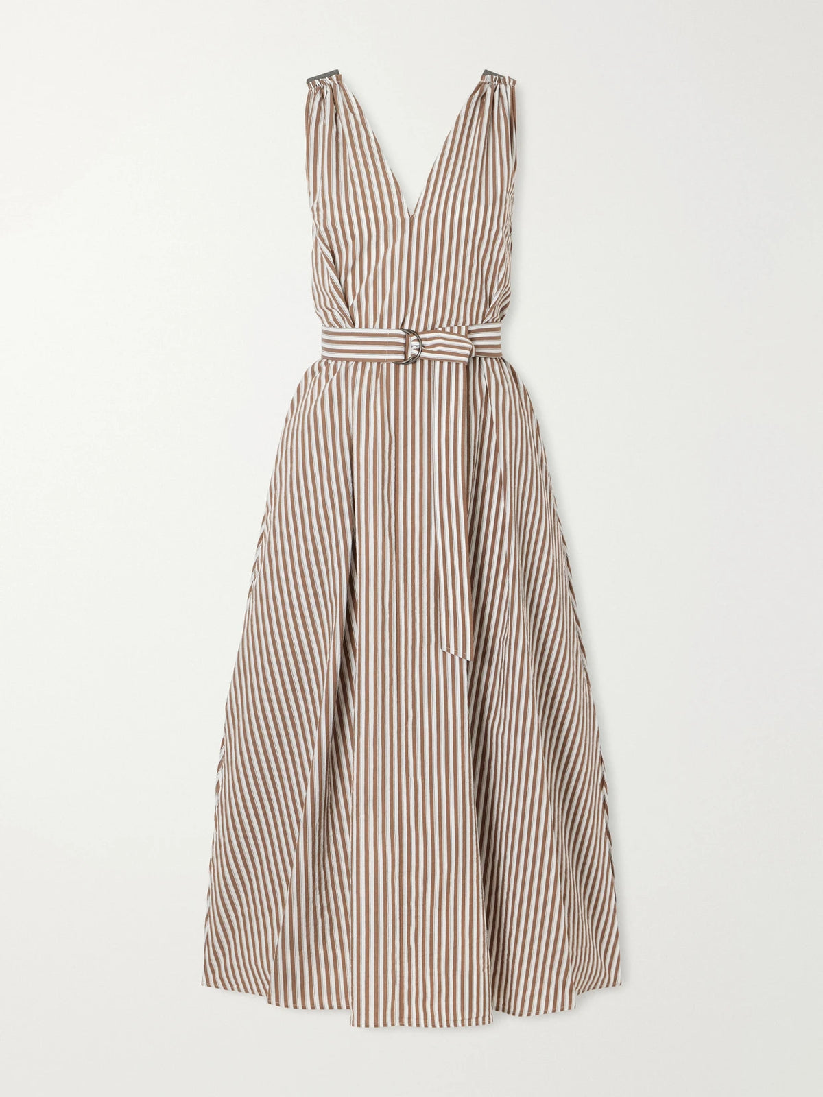Brunello Cucinelli Belted Striped Cotton-blend Seersucker Midi Dress
