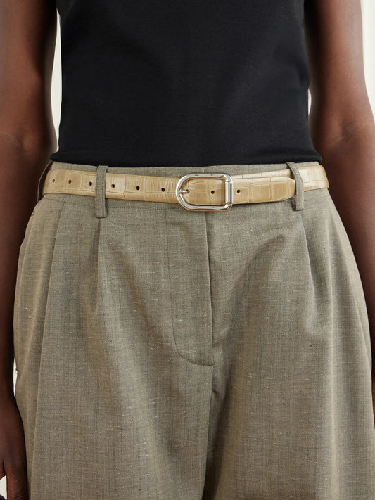 Image of Belts. Product name - Mija Embossed Leather Belt in Taupe, Ivory colour by brand - Déhanche