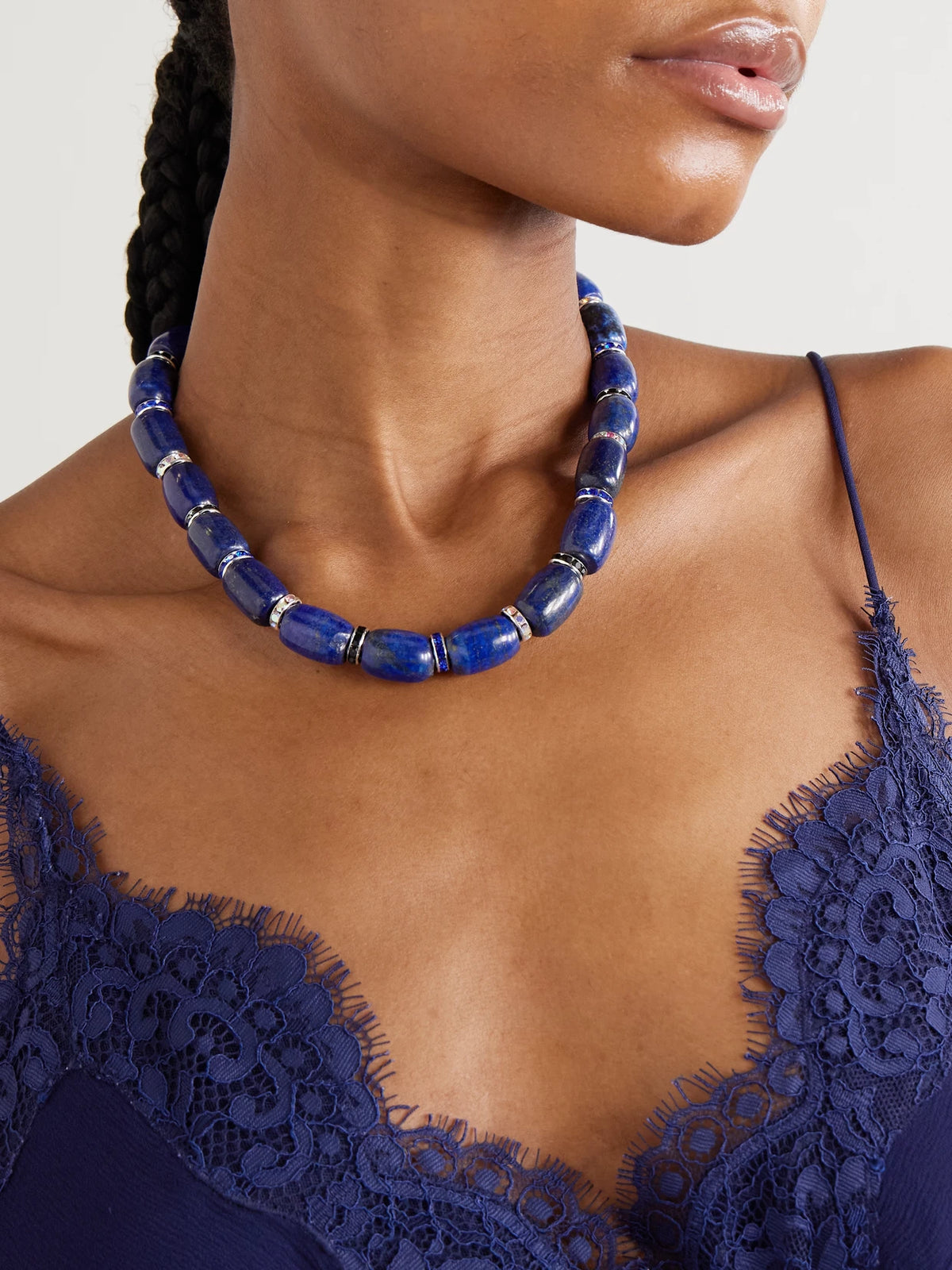 Image of Necklaces. Product name - Donna Rhodium-plated, Lapis Lazuli, Crystal And Enamel Necklace in Navy colour by brand - Julietta