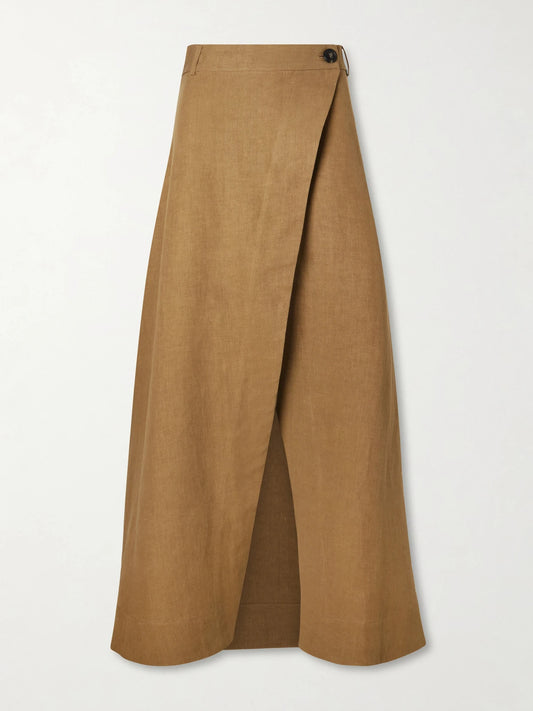 Image of a model wearing Skirts. Product name - Rayi Linen Maxi Skirt in Brown colour by brand - Le Kasha