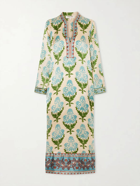 Image of Dresses. Product name - Jenna Printed Silk-voile Kaftan in Green colour by brand - Emporio Sirenuse
