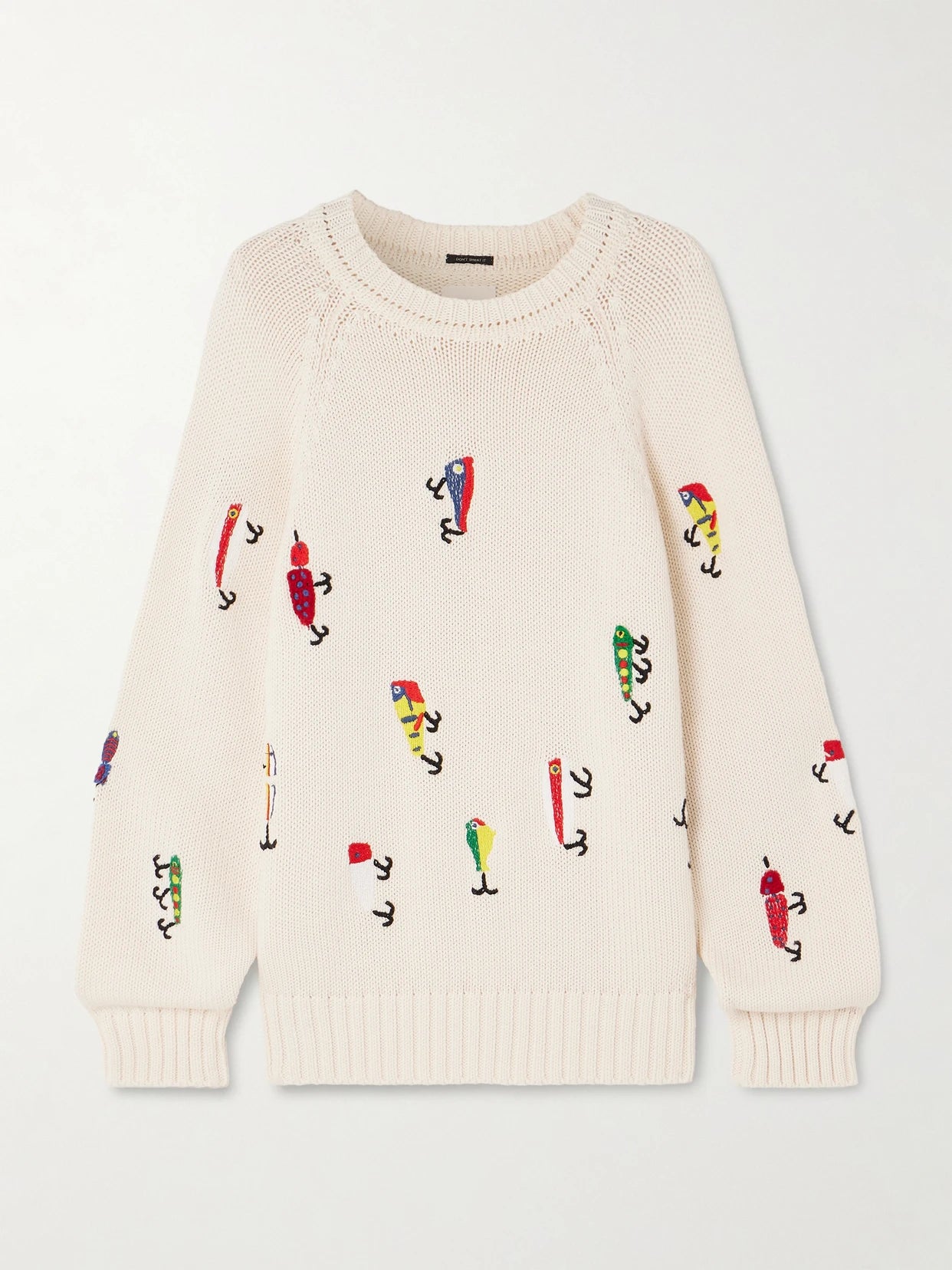 Image of a model wearing Outerwear. Product name - The Raglan Embroidered Cotton Sweater in Unknown colour by brand - Mother