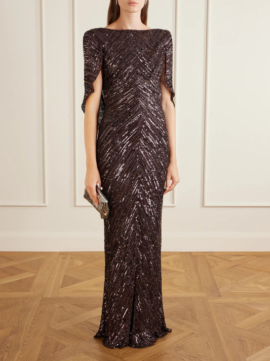 Image of Dresses. Product name - Sakari Cape-effect Embellished Tulle Gown in Bronze colour by brand - Jenny Packham